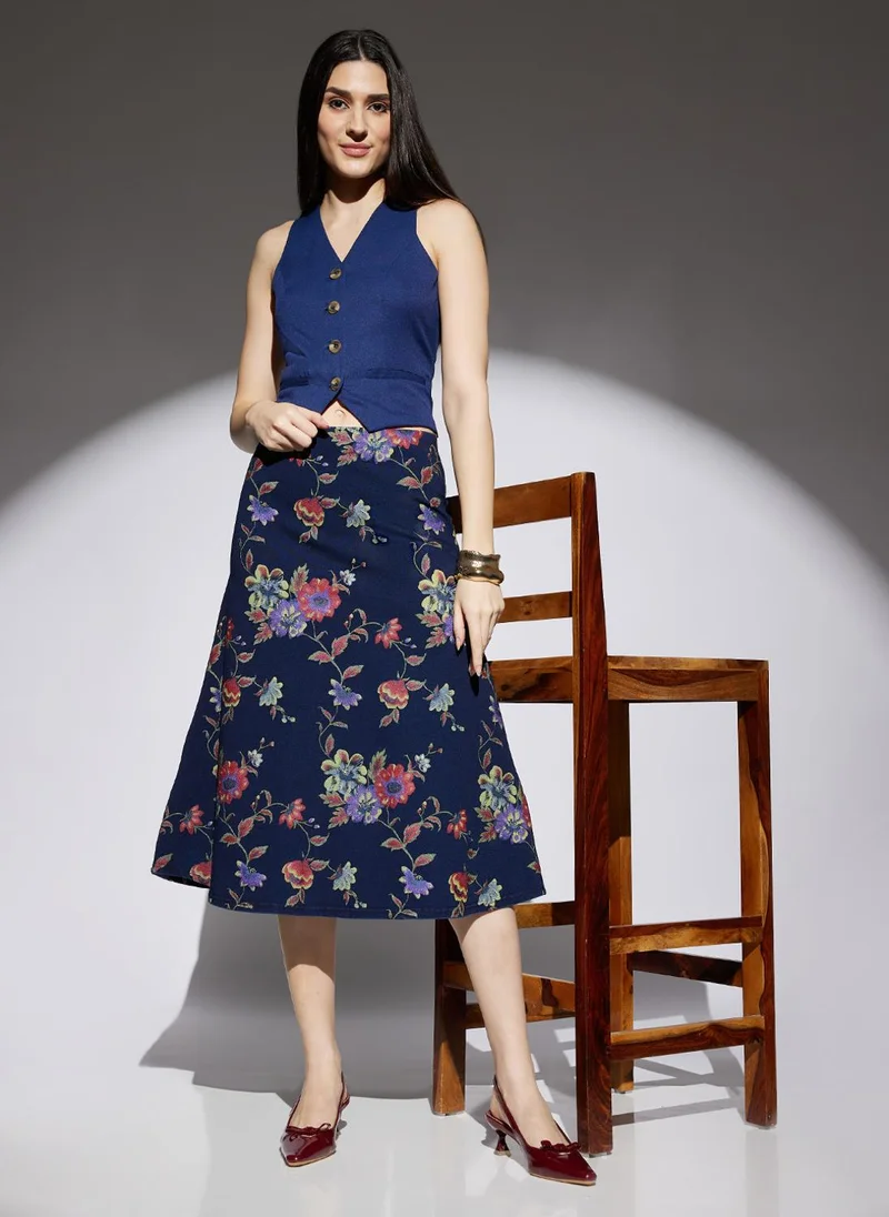 جلو باص Women Med Blue Floral Printed Mid Rise A-Line Midi Denim Skirt